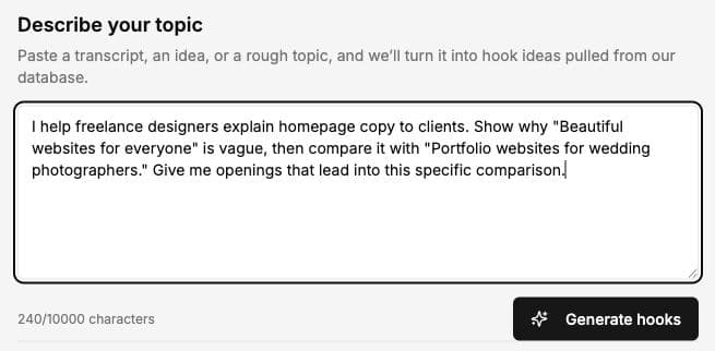 Trender Hooks tool with a specific homepage-copy brief entered in English