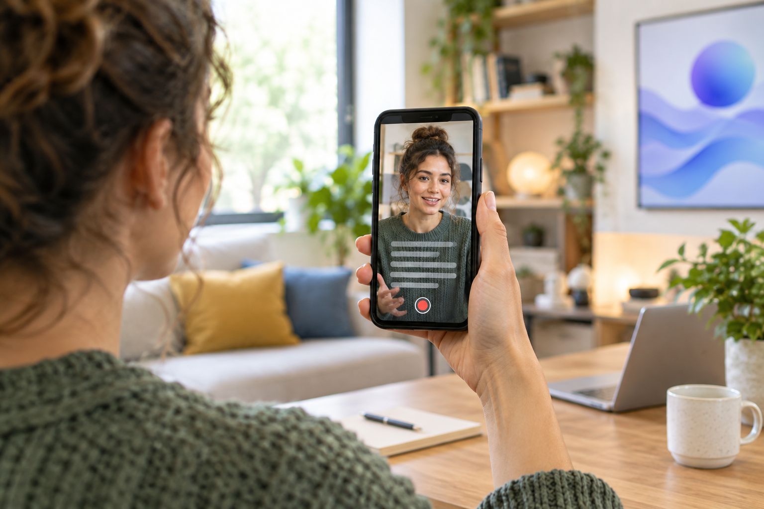 Hand holding a phone recording a vertical video using a teleprompter app