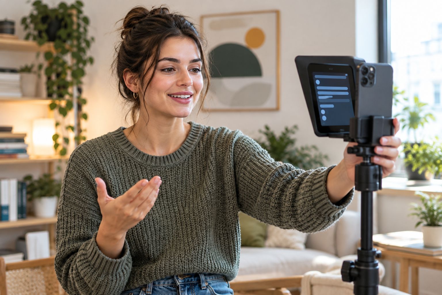 Creator using a phone teleprompter to record a vertical video script