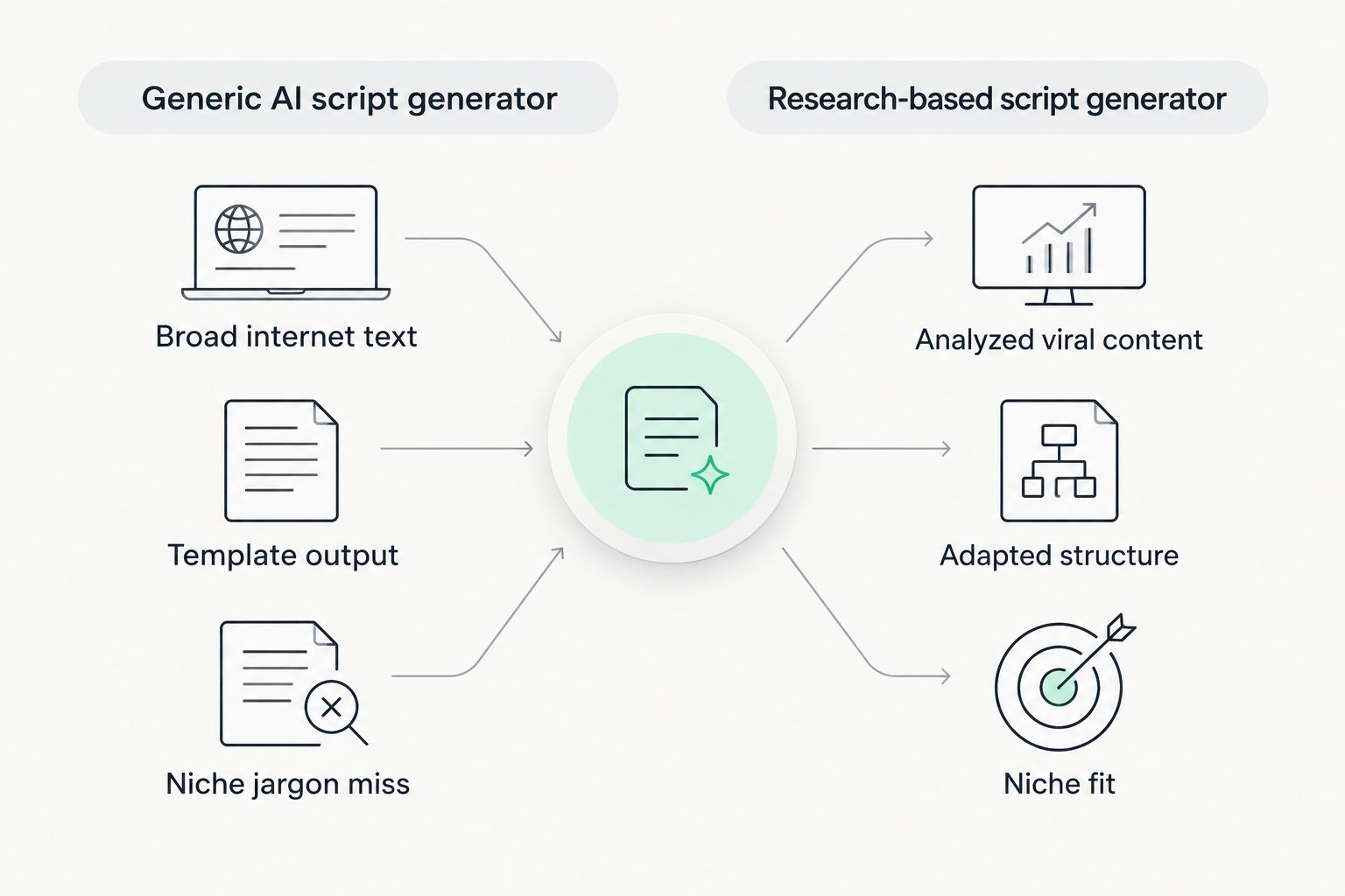 Two-column comparison of generic versus research-based AI script generators