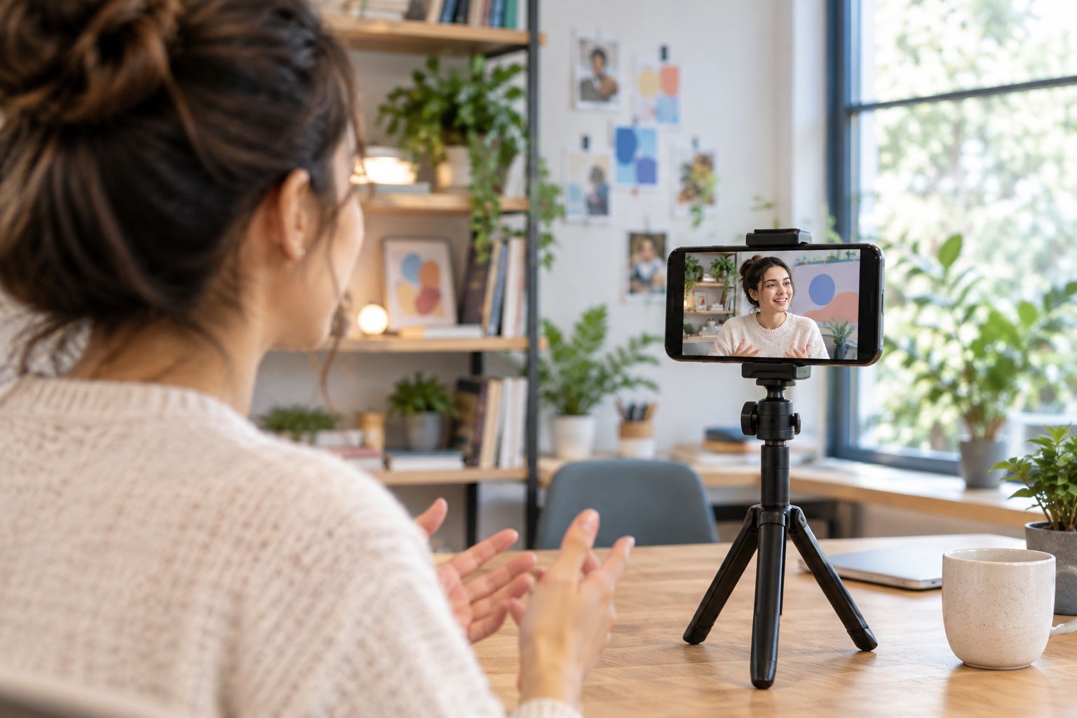 Smartphone on a tripod set up for self-recording a video