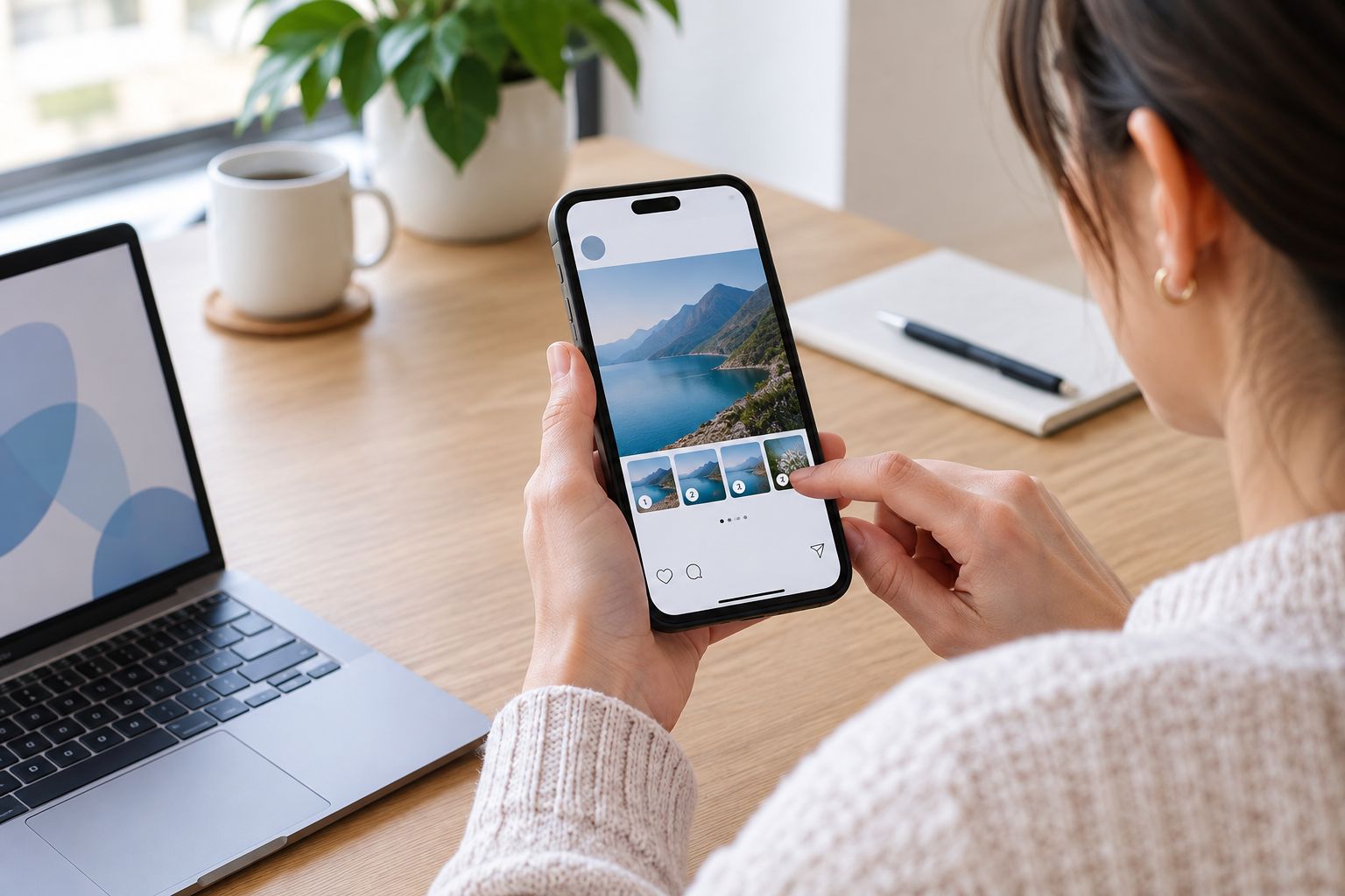 Hand holding a phone reviewing a carousel post before sharing