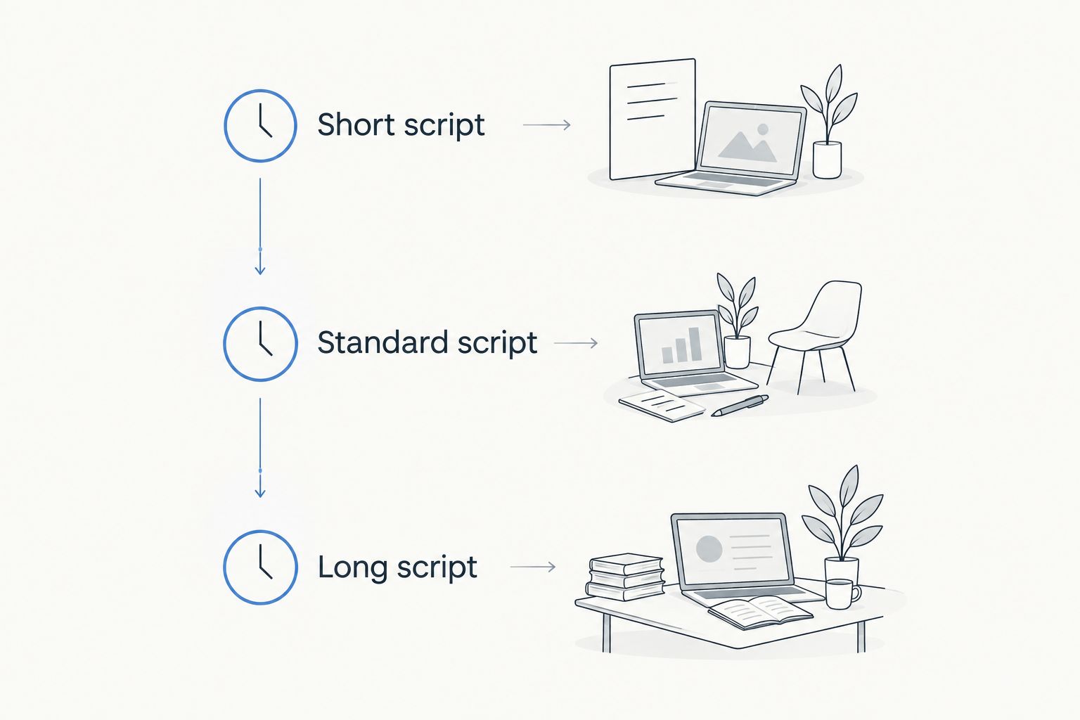 Vertical timeline showing short, standard, and long Reel script stages