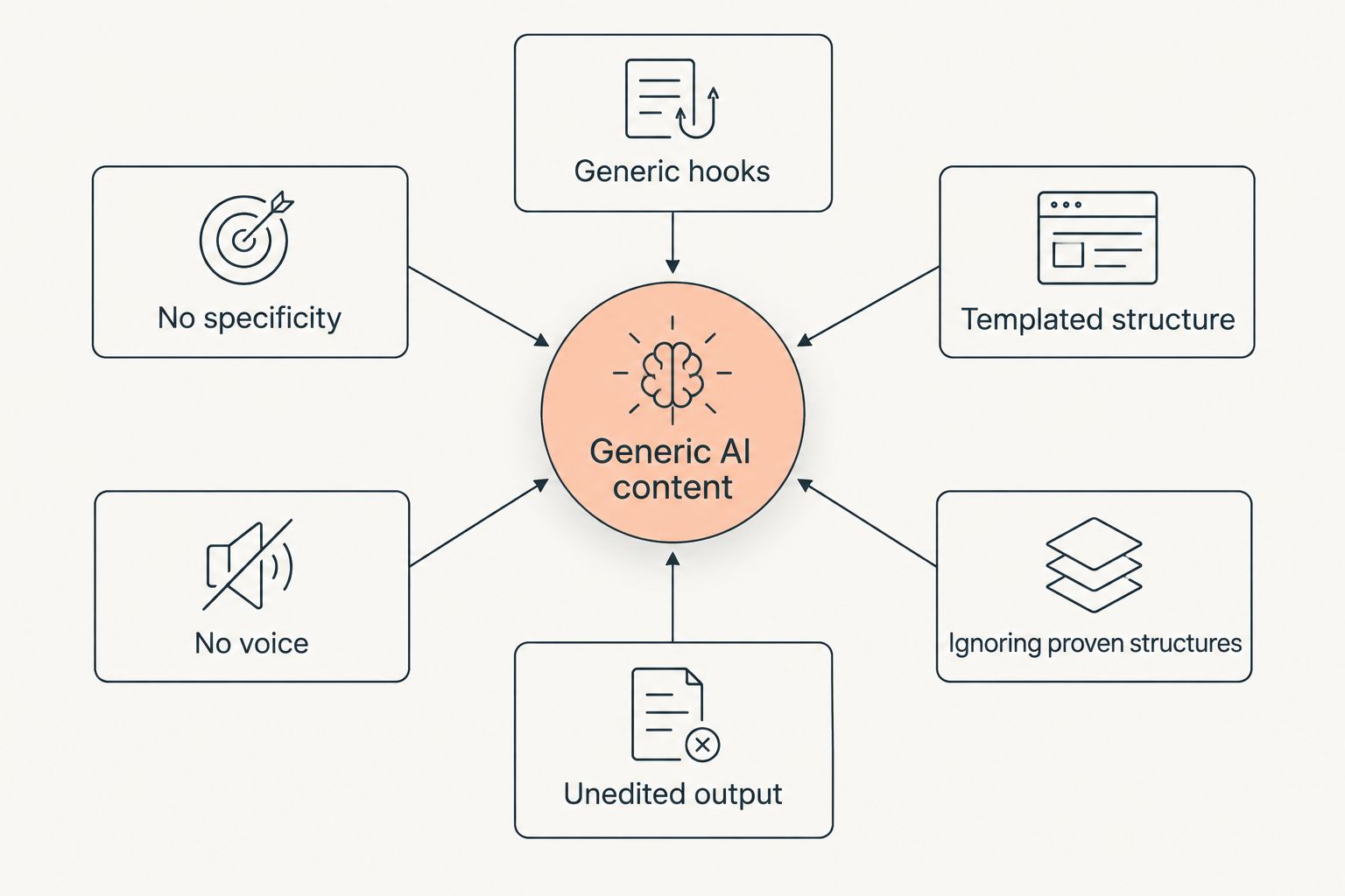 Diagram showing six causes of low-performing AI content branching from a central node