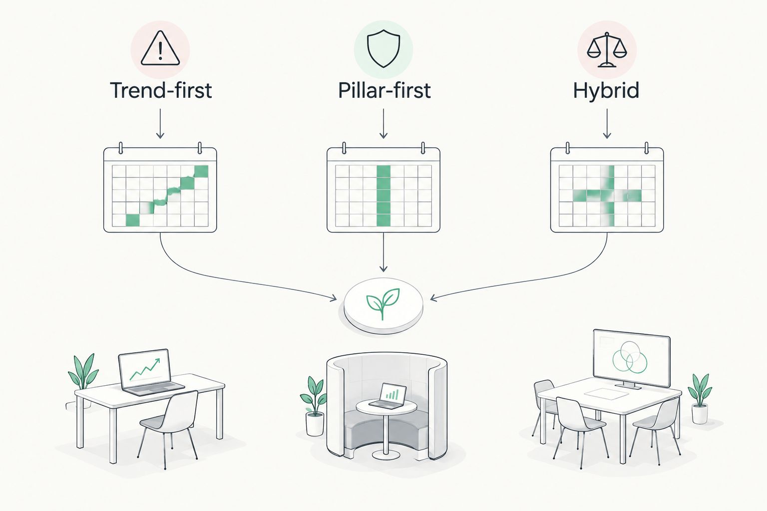 Three-column diagram comparing trend-first, pillar-first, and hybrid content calendar structures