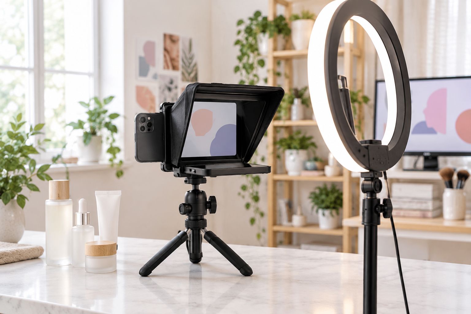Smartphone on a tripod with a teleprompter stand set up for a beauty content recording