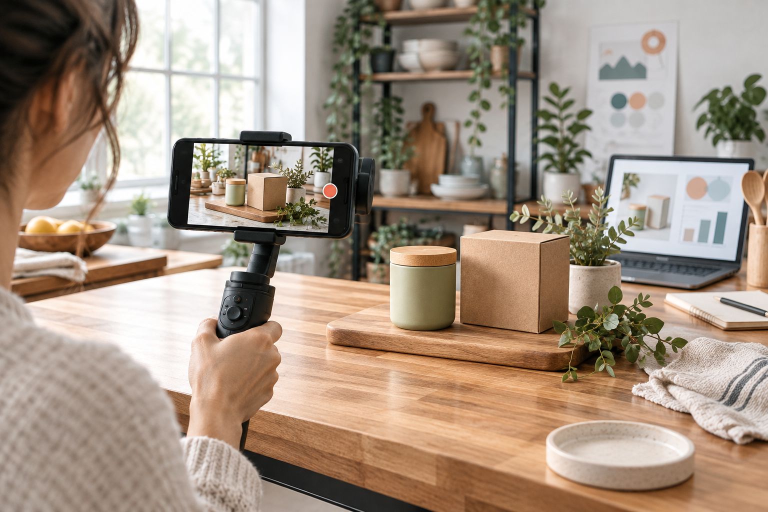 Smartphone on a gimbal filming a product review scene