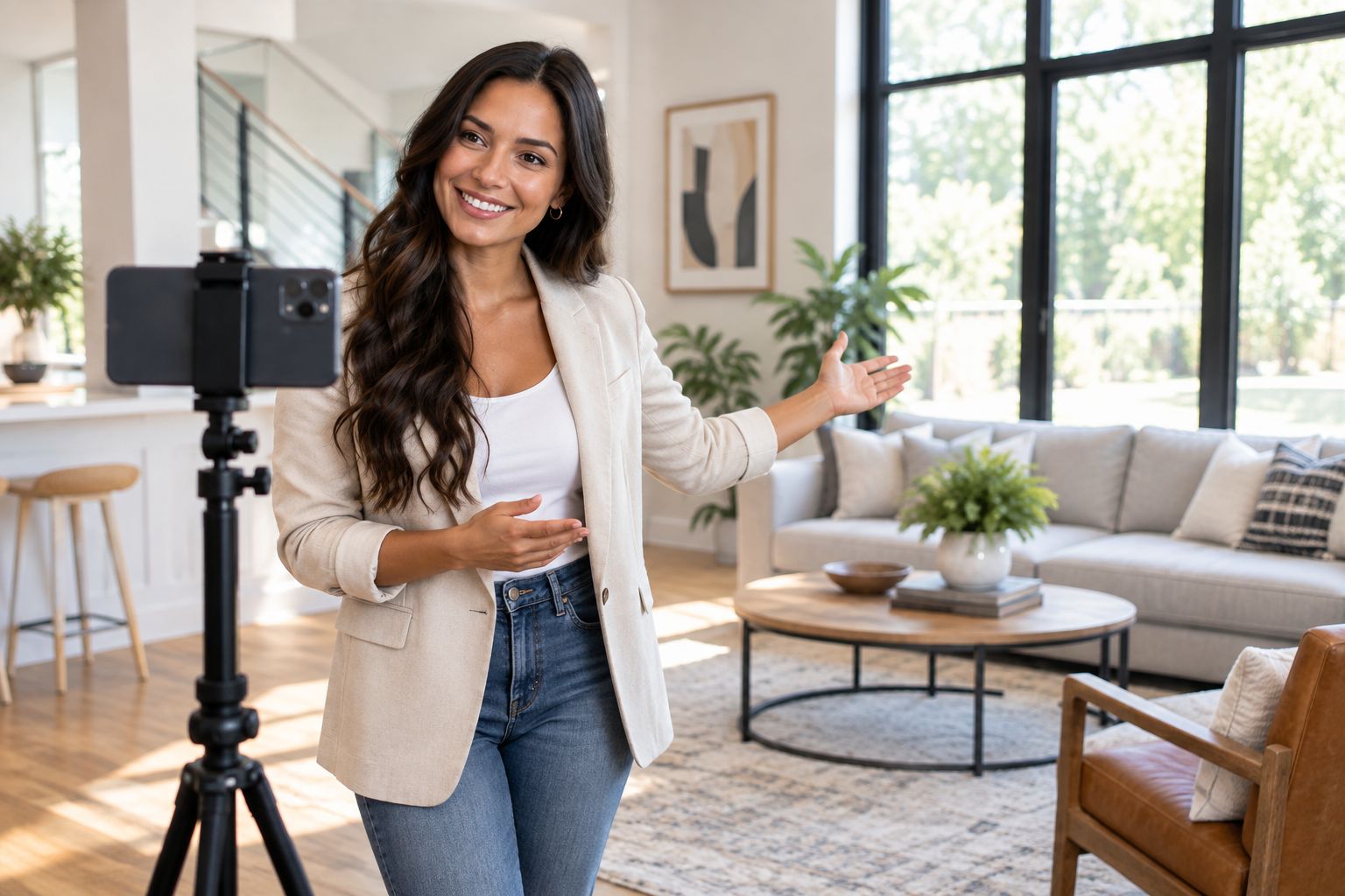 Phone on a tripod set up for a teleprompter-style real estate walkthrough recording