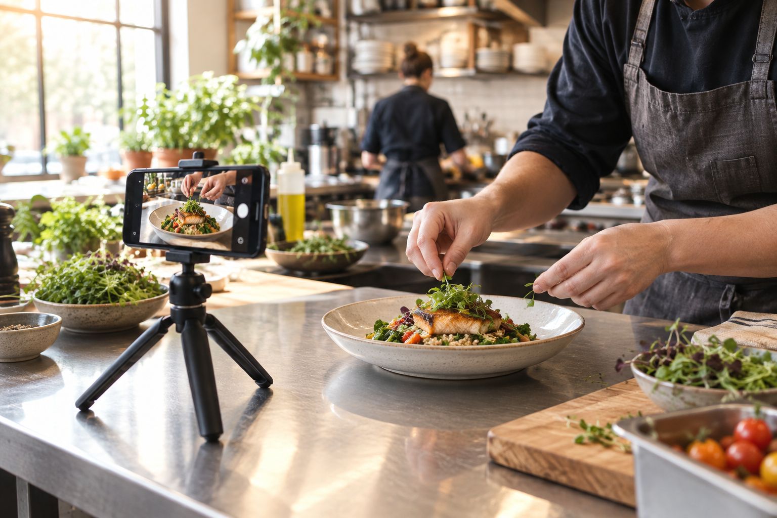 Phone on a tripod recording a plated dish on a restaurant kitchen counter